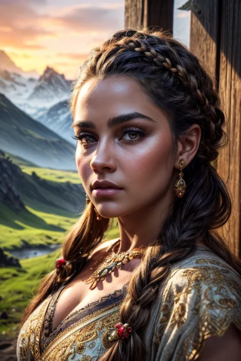 A beautiful, intricate portrait of a dwarven woman, delicate facial features, piercing eyes, full lips, intricate hairstyle with...