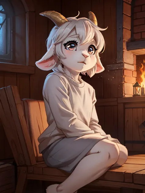 A light gray furry goat girl with sliver eyes 