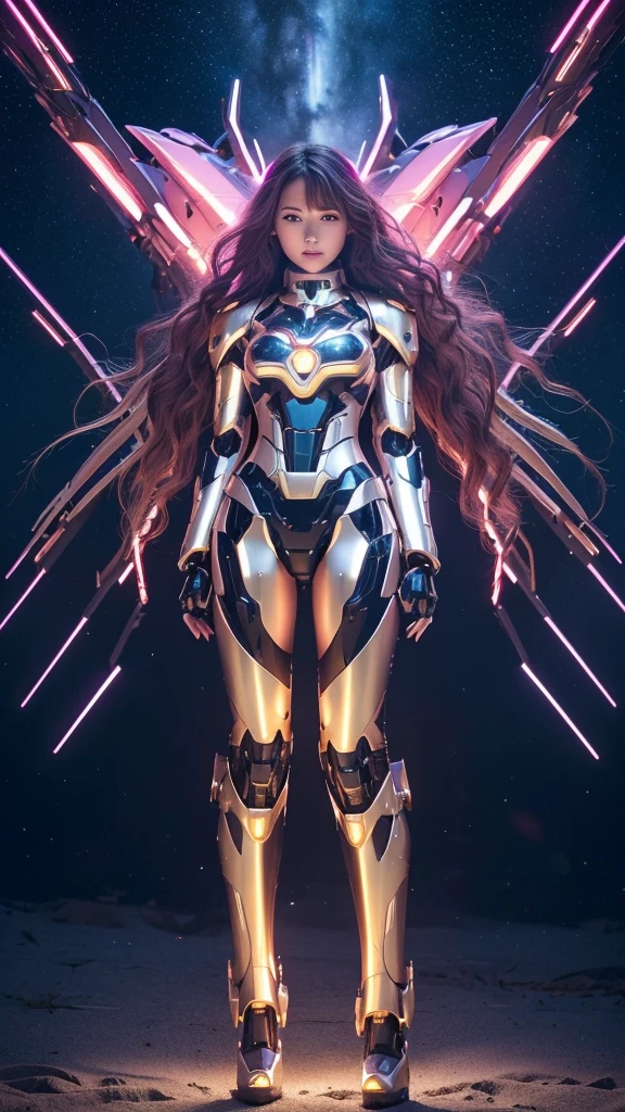 Best quality, masterpiece, awards winning photograph, 1girl, ((extremely beautiful)), full makeups, pink wavy hair, ((realistic)), ((hair blown by the winds)), glowing pink eyes, ((slim body)), (gold and black luminous mecha armor colors), ((luminous mechanical armor)), ex Machina armor, ((full luminous mecha armor)), ((epic luminous mecha armor details)), android girl, perfect face, ((full body shown)), night at beach, full of stars, aurora borealis, nebula skies, shooting stars, cinematic light, epict lights details, ((symmetrical pose)), from below.