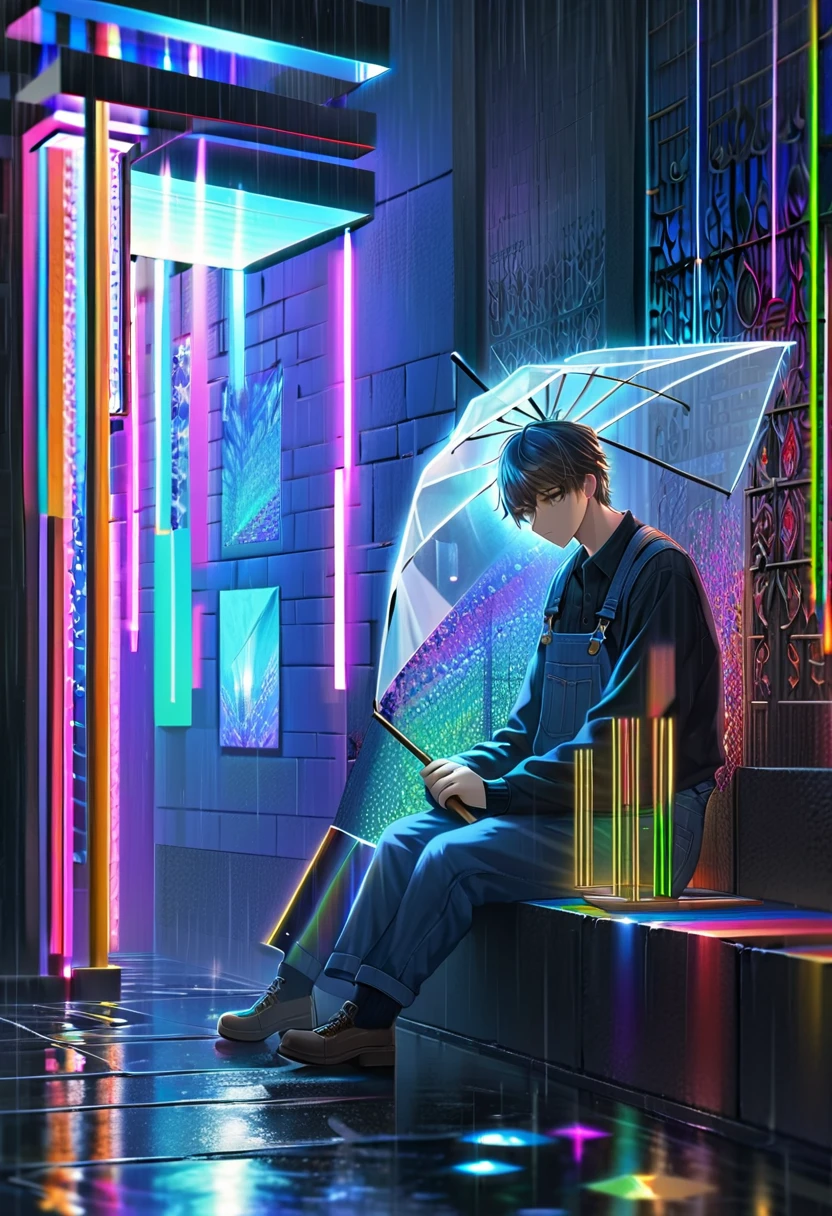 A mesmerizing, colorful artwork featuring a neon lighting effect with crystal-like elements. The lighting is combined with an intricate, human-shaped fretwork design, creating a tender scene of a man accidentally bringing an umbrella to a sad girl sitting in the rain. The background is a gloomy black wall, while the intricate illumination is created using thin lines of light. The overall resolution of the piece is 250K, capturing the delicate details of the scene.