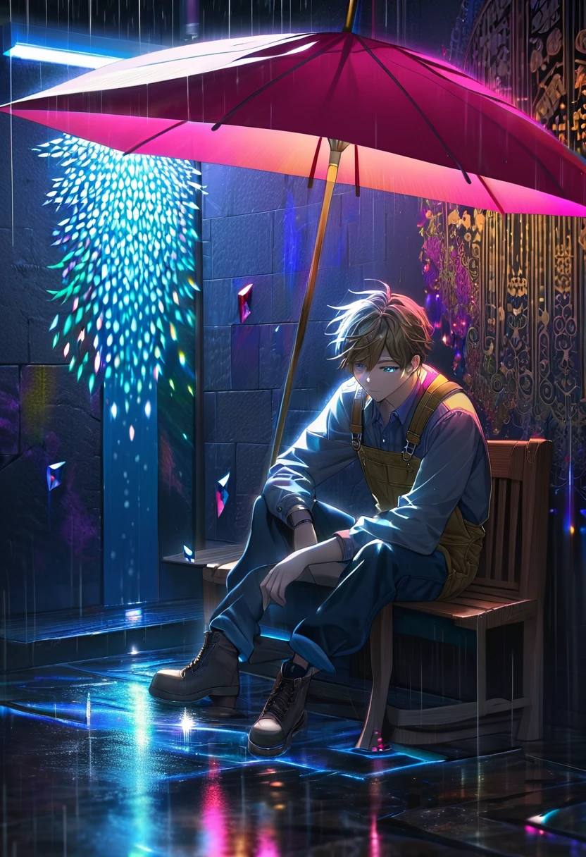 A mesmerizing, colorful artwork featuring a neon lighting effect with crystal-like elements. The lighting is combined with an intricate, human-shaped fretwork design, creating a tender scene of a man accidentally bringing an umbrella to a sad girl sitting in the rain. The background is a gloomy black wall, while the intricate illumination is created using thin lines of light. The overall resolution of the piece is 250K, capturing the delicate details of the scene.