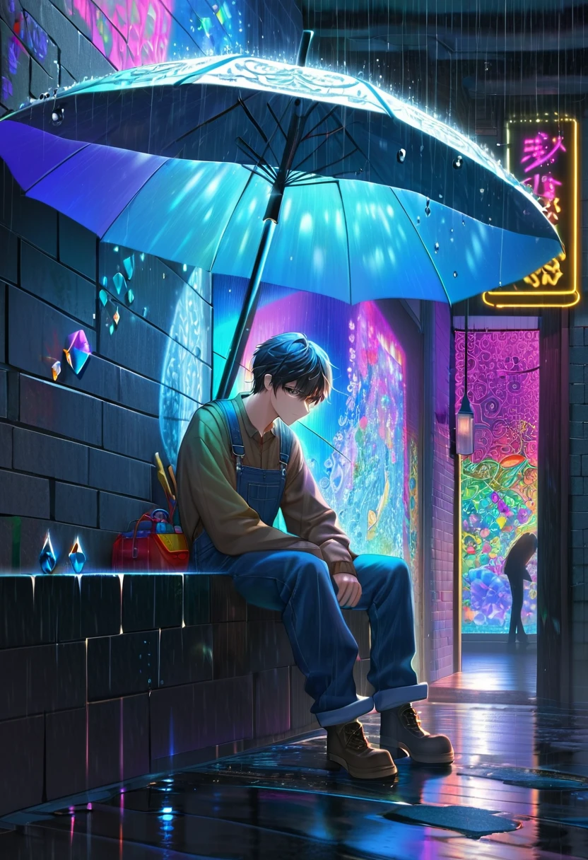 A mesmerizing, colorful artwork featuring a neon lighting effect with crystal-like elements. The lighting is combined with an intricate, human-shaped fretwork design, creating a tender scene of a man accidentally bringing an umbrella to a sad girl sitting in the rain. The background is a gloomy black wall, while the intricate illumination is created using thin lines of light. The overall resolution of the piece is 250K, capturing the delicate details of the scene.