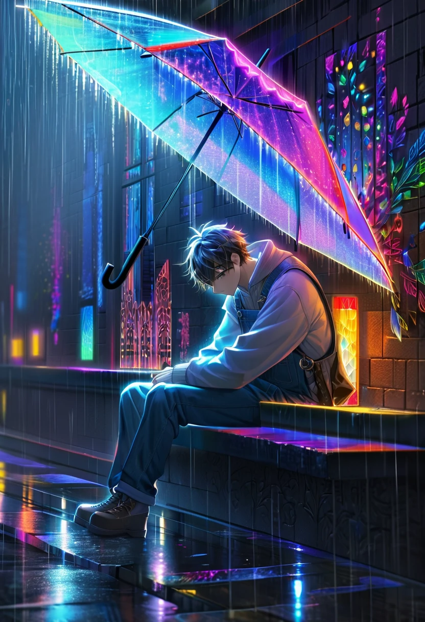 A mesmerizing, colorful artwork featuring a neon lighting effect with crystal-like elements. The lighting is combined with an intricate, human-shaped fretwork design, creating a tender scene of a man accidentally bringing an umbrella to a sad girl sitting in the rain. The background is a gloomy black wall, while the intricate illumination is created using thin lines of light. The overall resolution of the piece is 250K, capturing the delicate details of the scene.