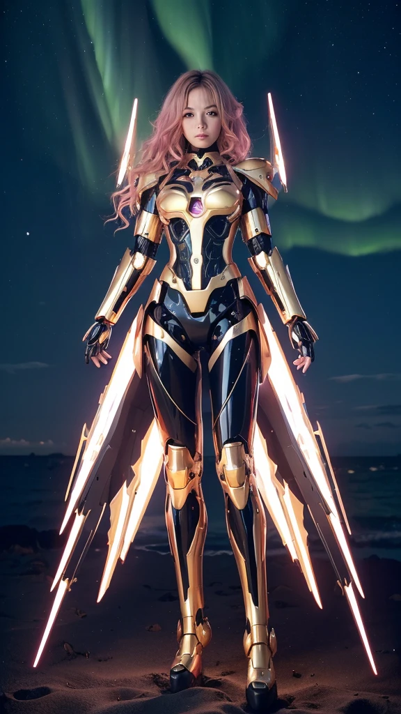 Best quality, masterpiece, awards winning photograph, 1girl, ((extremely beautiful)), full makeups, pink wavy hair, ((realistic)), ((hair blown by the winds)), glowing pink eyes, ((slim body)), (gold and black luminous mecha armor colors), ((luminous mechanical armor)), ex Machina armor, ((full luminous mecha armor)), ((epic luminous mecha armor details)), android girl, perfect face, ((full body shown)), night at beach, full of stars, aurora borealis, nebula skies, shooting stars, cinematic light, epict lights details, ((symmetrical pose)), from below.