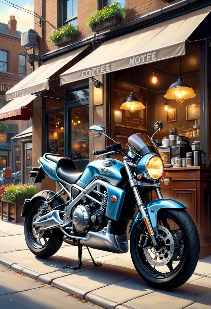 
                ( perfect anatomy )masterpiece, Beautiful detailed fresh and elegant aesthetic style airbrush digital oil painting beautiful artwork to create a fresh morning coffee shop scene photo，an electric motorcycle(Novel style，Unique)Closeup motorcycle( perfect anatomy ) Parked elegantly on the street next to the coffee shop.coffee shop scene masterpiece, Highly detailed, photo-realistic original photos, The best film quality, extremely delicate texture, high-quality works of art masters 
         

            

                