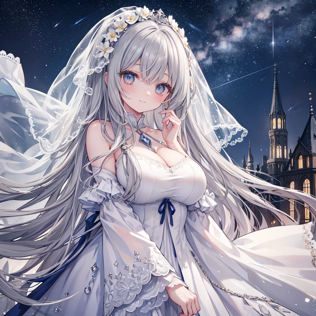 Masterpiece、Highest quality、Super detailed、Fluffy and soft long hair、Gray Hair、Diamond Eyes、Big Tits、Too big breasts、Starry Skyの模様のドレス、mysterious cityscape、Starry Sky、Starry Skyのリボン、smile、Lace veil