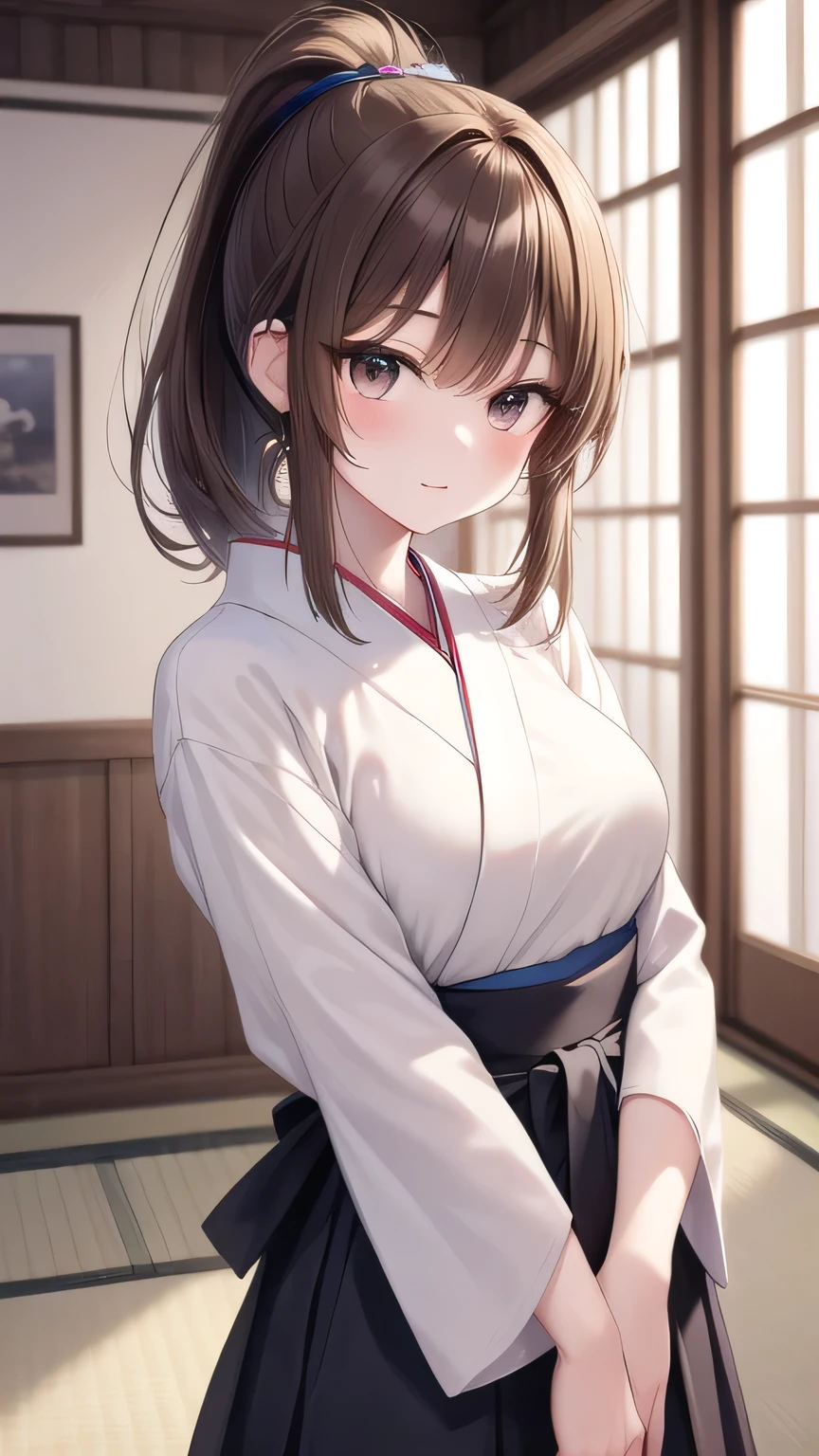 solo girl, 20 years old,cowboy shot,medium hair,brown hair,ponytail hair,brown eyes, medium breast, laugh,happy,black hakama,japanese room,insanely detailed, absurdres, ultra-highres, ultra-detailed, best quality, slender, kawaii, perfect symmetrical face, ultra cute girl, ultra cute face, ultra detailed eyes, ultra detailed hair, ultra cute, ultra beautiful,masterpiece,incredibly absurdres,high detail eyes