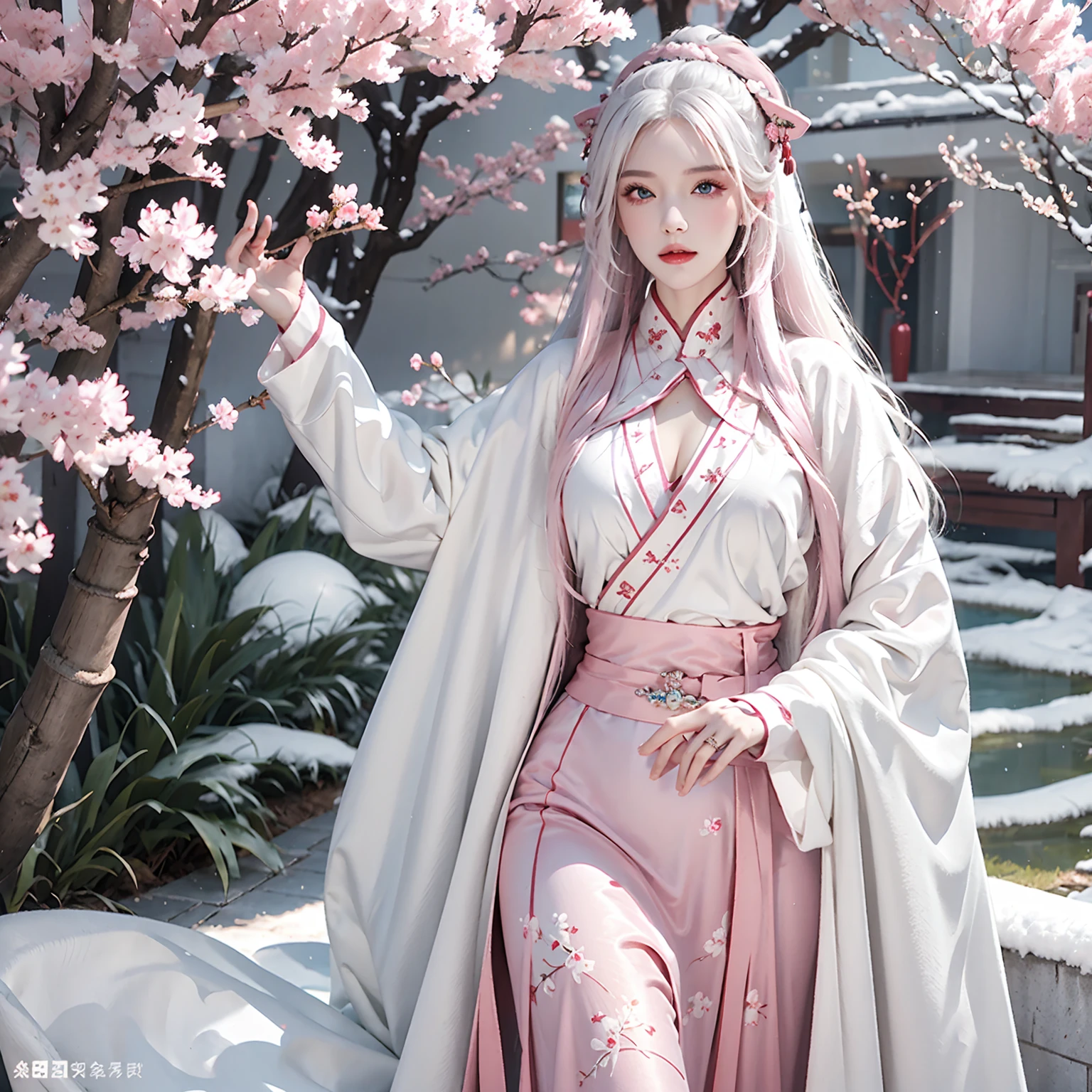 Reality, high resolution, 1 female, Shiny skin, Solitary, Hips up, Tattoo, Jewelry, Pink lips, Long white hair, blue eyes, Shut up, Winter hanfu, snow, Cherry blossoms