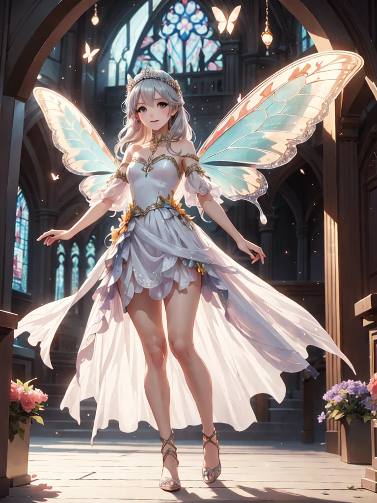 (masterpiece, top quality), intricate details, realistic background, 1 girl, hair ornament, white and black dress, strapless dress, crystals, removable sleeves, fairy dress, silver hair, long hair, flower crown, white wings, shining wings, jewelry accessories, look at the viewer, 10 years old, young, , smile, happy, bright, twinkling flash, night forest, butterfly wings, small wings, dress up with jewelry, midnight, church, inside the church, stained glass, Full body image, dance