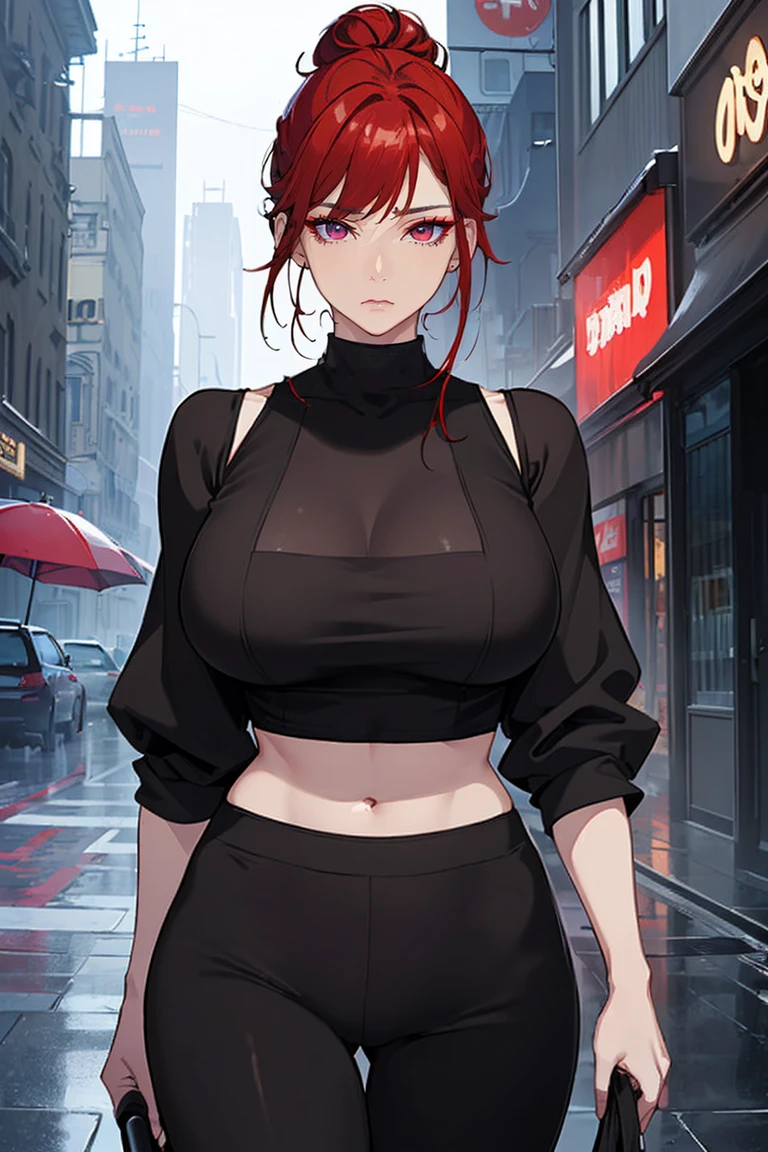 (Uhd, Masterpiece, Textured Skin, Super Detail, High Details, High Quality, Best Quality), Detailed Face, 1woman, mature pretty woman, (Red hair tied in a bun, long hair), (black top crop shirt with sheer sleeves), (black pants), (Huge Body:1.5, tall), rainy day, (Low-sized breasts), (Under an umbrella on the street)