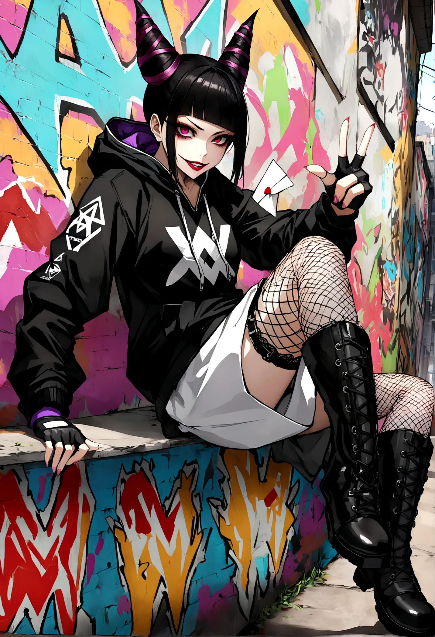 juri han, work of art, black hair, hair horns, black alan walker hoodie with white alan walker logo design of a letter "a" and "...