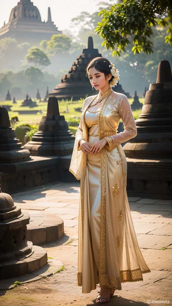 Photograph a beautiful woman in a traditional Javanese kebaya standing gracefully in front of Borobudur Temple, with the ancient stupas in the background illuminated by the soft morning light.