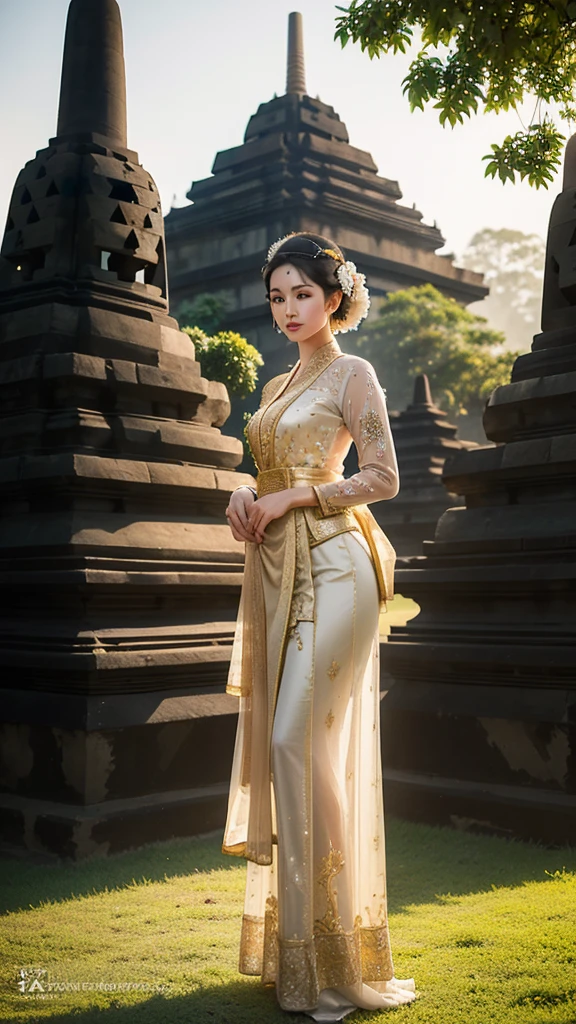 Photograph a beautiful woman in a traditional Javanese kebaya standing gracefully in front of Borobudur Temple, with the ancient stupas in the background illuminated by the soft morning light.