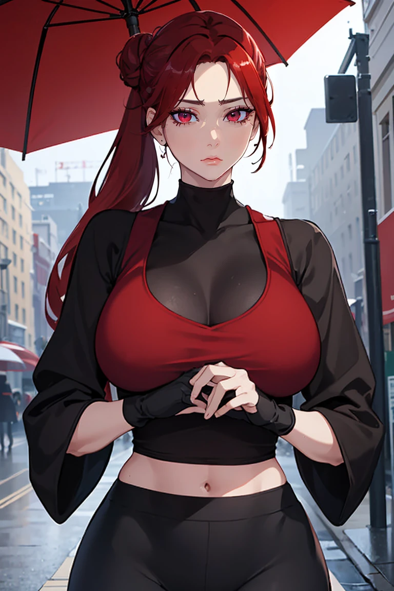 (Uhd, Masterpiece, Textured Skin, Super Detail, High Details, High Quality, Best Quality), Detailed Face, 1woman, mature pretty woman, (Red hair tied in a bun, long hair), (black top crop shirt with sheer sleeves), (black pants), (Huge Body:1.5, tall), rainy day, (Low-sized breasts), (Under an umbrella on the street), (wet:1.5_