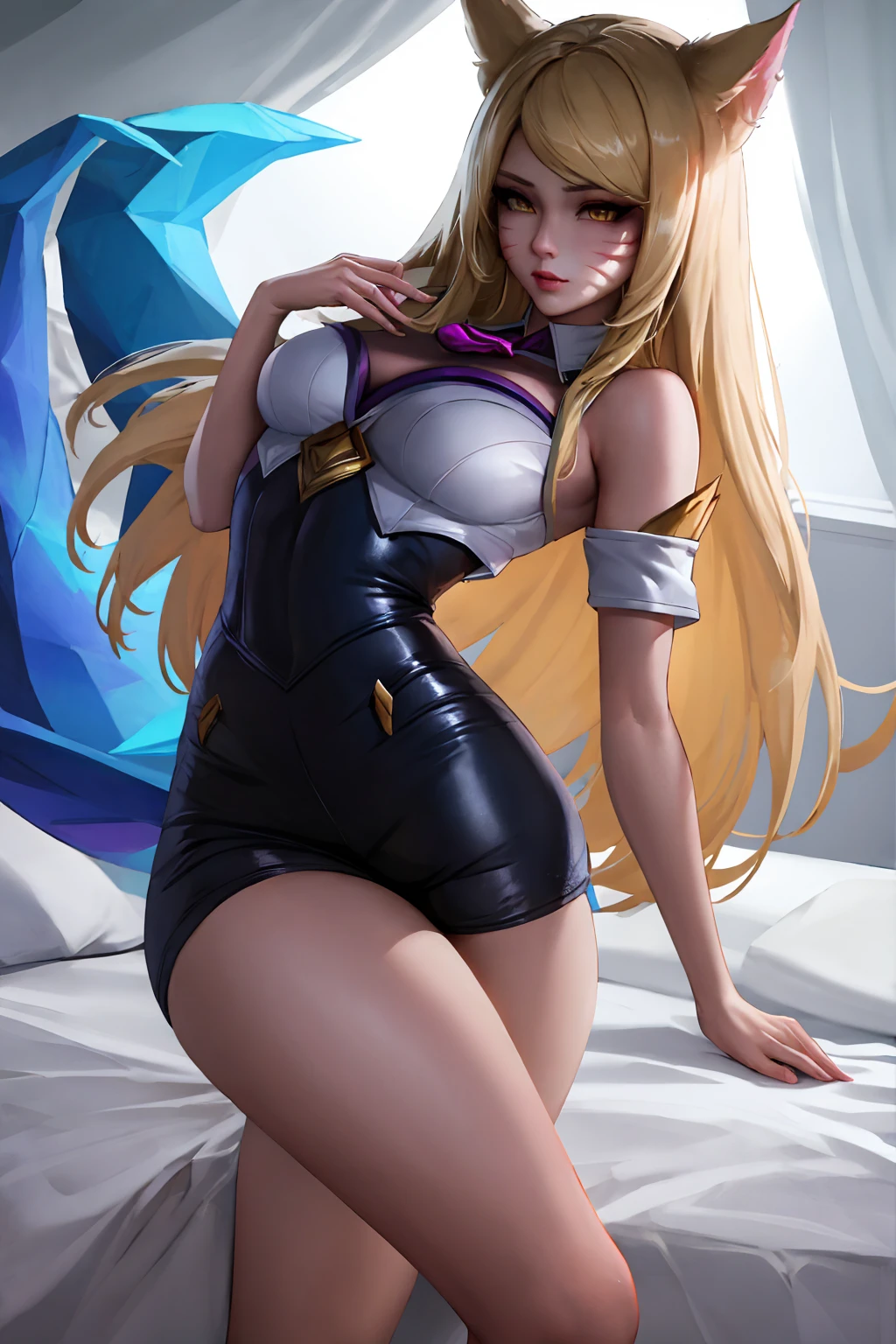 Masterpiece, high quality, kda ahri, ahri, fox hears, blonde, tight shorts, medium breasts, sexy, thick thighs, wide hips, blonde hair, posing, bedroom