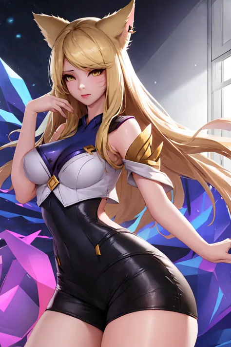 Masterpiece, high quality, kda ahri, ahri, fox hears, blonde, tight shorts, medium breasts, sexy, thick thighs, wide hips, blond...