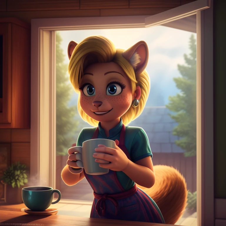 minerva, medium breast,
(detailed blonde hair:1.4), (detailed perfect eyes:1.2), white fur, (detailed fluffy fur:1.2), perfect hourglass body, mink snout, (long fluffy blonde tail:1.3), beautiful black eyes, relaxed pose, looking at viewer,
(freckles:1.2), light smile,
serving coffee,
(masterpiece:1.2), (best quality:1.2), (intricate:1.2), (highly detailed:1.2), (sharp:1.2), (8k:1.2), (highres:1.2),
cinematic summer tropical lighting, vivid colors,
kitchen, wooden cabin,
window, forest, rain,
aliceinwonderlandoutfit