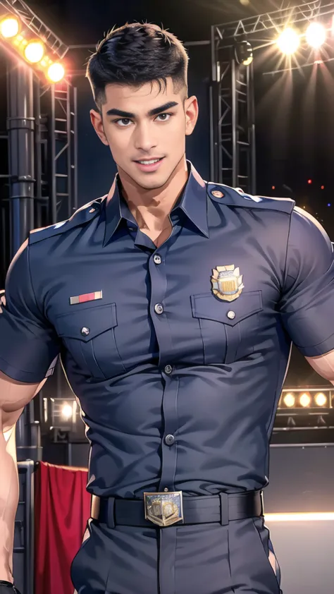 handsome man  lying down next to the stage,(crew cut short hair:1.2),black eye,smile,open mouth
(navy police uniform:1.2),(shirt...