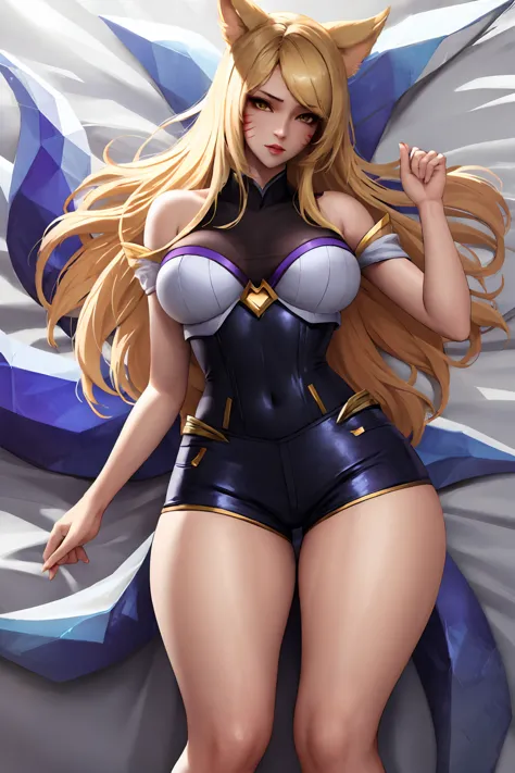 Masterpiece, high quality, kda ahri, ahri, fox hears, blonde, tight shorts, medium breasts, sexy, thick thighs, wide hips, blond...