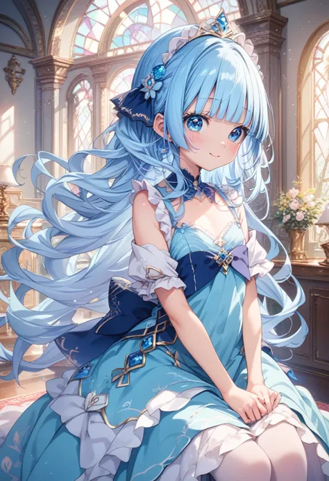 masterpiece, best quality, extremely detailed, (illustration, official art:1.1),adorable  face、 1 girl ,(((( light blue long hai...