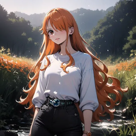 masterpiece, best quality), intricate details, 1 girl, woman, orange hair, nami \ (one piece\), (long hair), shirt, ((white shir...