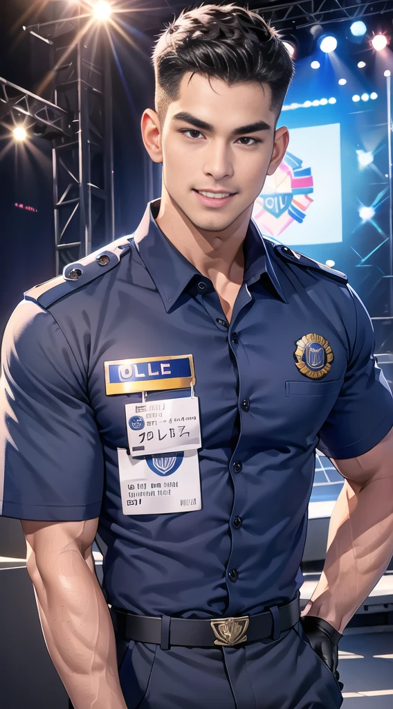 handsome man Lying down next to the stage ,(crew cut short hair:1.2),black eye,smile,open mouth (navy police uniform:1.2),(shirt short sleeves:1.2),collar,(shirt covered over:1.2),(name tag and Police badge:1.3),(shirt no buttons:1.1),(black_gloves:1.3), (Navy blue cargo:1.2),Korean guy,korean men,(High gloss details),(chest muscles:1.2),(large arm muscles:1.2),blood vessel,Big muscles,Broad shoulders,looking at the audience,Balancing the eyes,middle of the road,(stage:1.2),