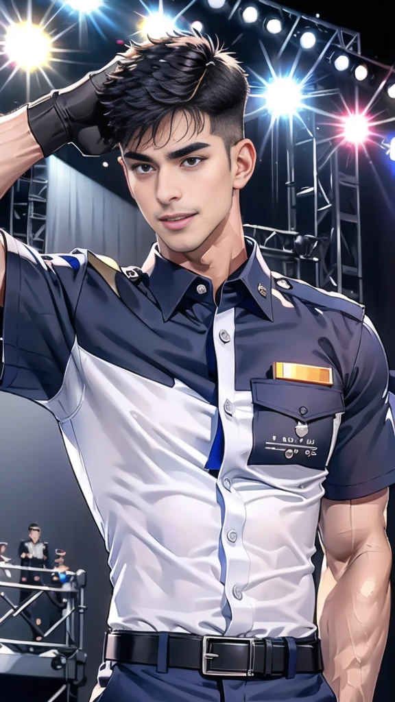 handsome man  Lying down next to the stage,(crew cut short hair:1.2),black eye,smile,open mouth
(navy police uniform:1.2),(shirt short sleeves:1.2),collar,(shirt covered over:1.2),(name tag and Police badge:1.2),(shirt no buttons:1.1),(black_gloves:1.3),
(Navy blue cargo:1.2),Korean guy,korean men,(High gloss details),(chest muscles:1.2),(large arm muscles:1.2),blood vessel,Big muscles,Broad shoulders,looking at the audience,Balancing the eyes,middle of the road,(stage:1.4),