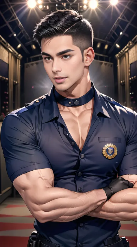 handsome man lying down next to the stage ,(crew cut short hair:1.2),black eye,smile,open mouth (navy police uniform:1.2),(shirt...