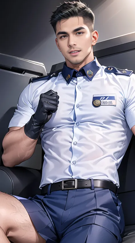 handsome man lying down next to the stage ,(crew cut short hair:1.2),black eye,smile,open mouth (navy police uniform:1.2),(shirt...