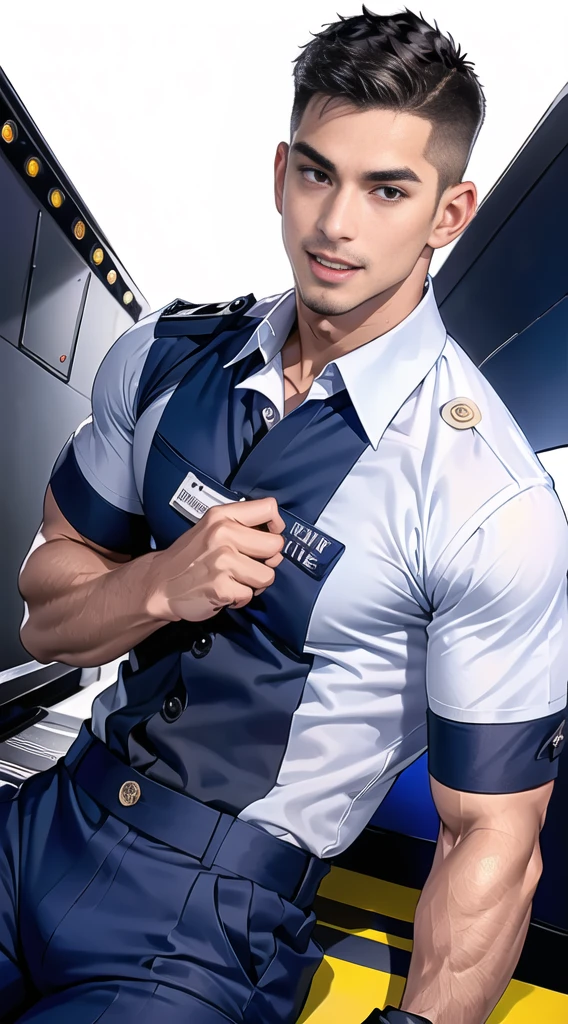 handsome man Lying down next to the stage ,(crew cut short hair:1.2),black eye,smile,open mouth (navy police uniform:1.2),(shirt short sleeves:1.2),collar,(shirt covered over:1.2),(name tag and Police badge:1.3),(shirt no buttons:1.1),(black_gloves:1.3), (Navy blue cargo:1.2),Korean guy,korean men,(High gloss details),(chest muscles:1.2),(large arm muscles:1.2),blood vessel,Big muscles,Broad shoulders,looking at the audience,Balancing the eyes,middle of the road,(stage:1.2),