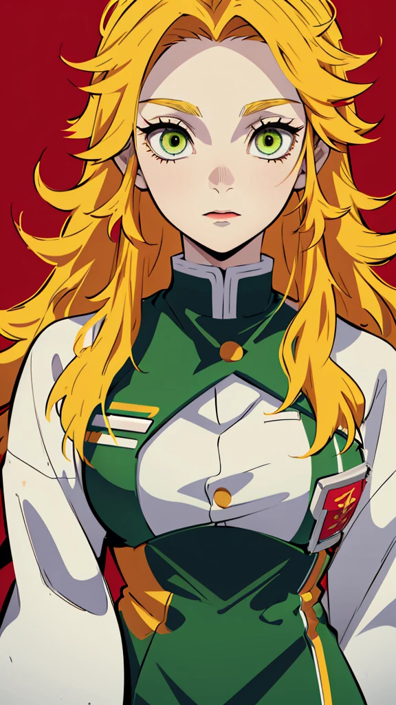 A young woman, Yellow hair with red details in her hair, long hair, Green eyes, neutral face, Linda, Sword, demon slayer uniform, red highlights in hair