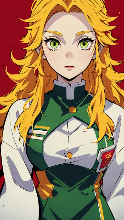 a young woman, yellow hair with red details in her hair, long hair, green eyes, neutral face, linda, sword, demon slayer uniform...