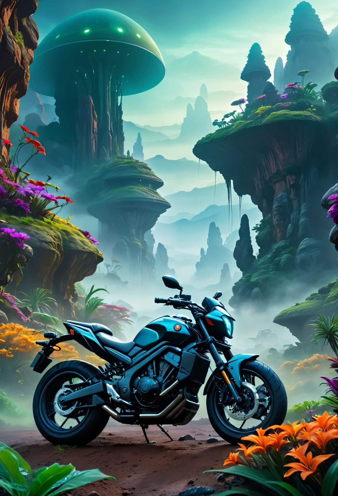 Science Fiction, ((motorcycle)),Lush Alien Landscape, Vibrant flora, Mysterious rock formations, Atmospheric lighting, Misty mist, Distant skies, masterpiece|highly detailed|best quality|HD|8K|uHD|intricate details|extreme_detail