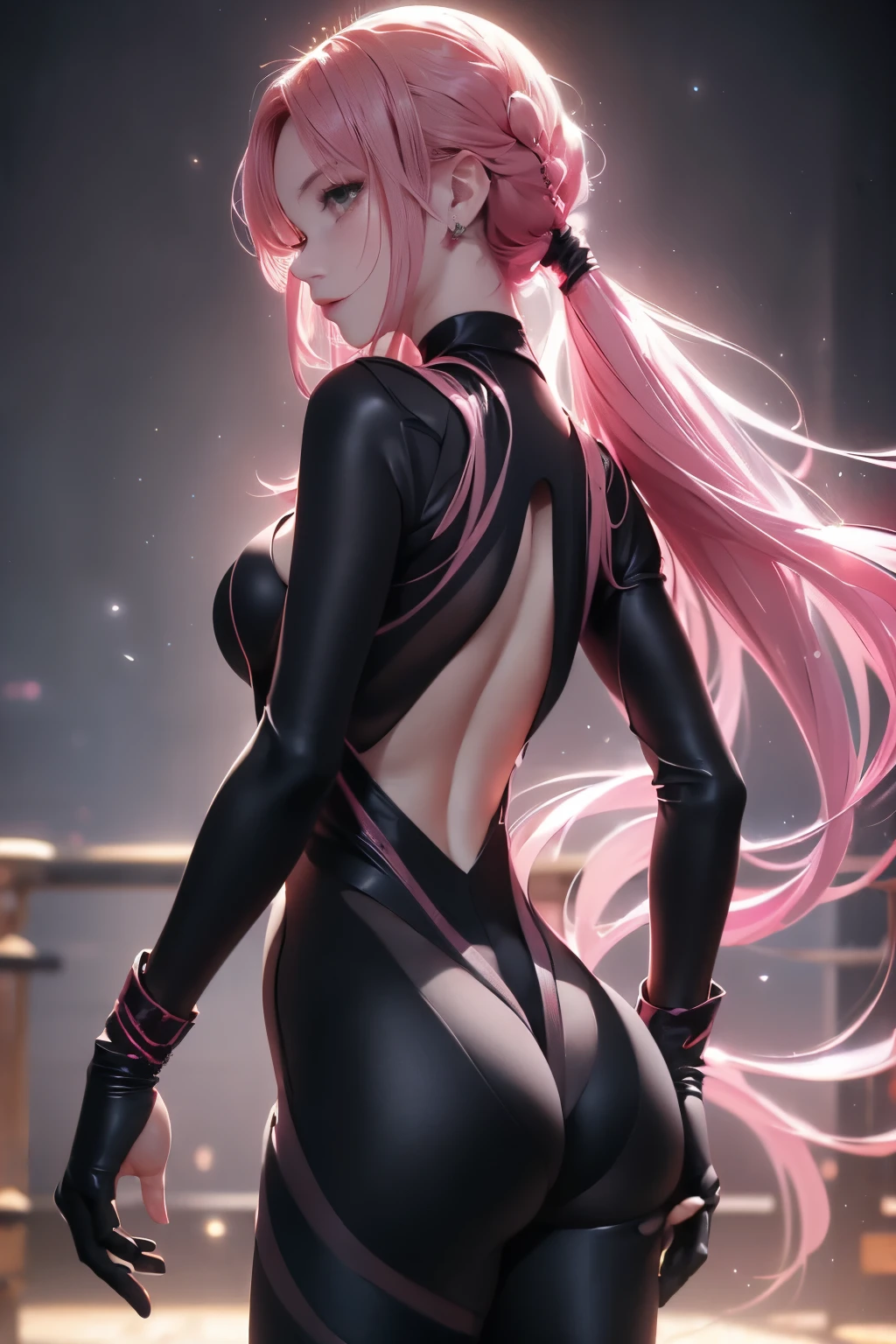 Optimal，masterpiece，High resolution，Highest quality，(Cowboy Shot)、Cute face，Pink Hair、Long Hair、Twin tails、((Shooting from behind:1.5)), ((Wearing tight fitting black separates:1.5)). ((Beautiful nipples))、((Big Breasts:1.5)), Wet and transparent