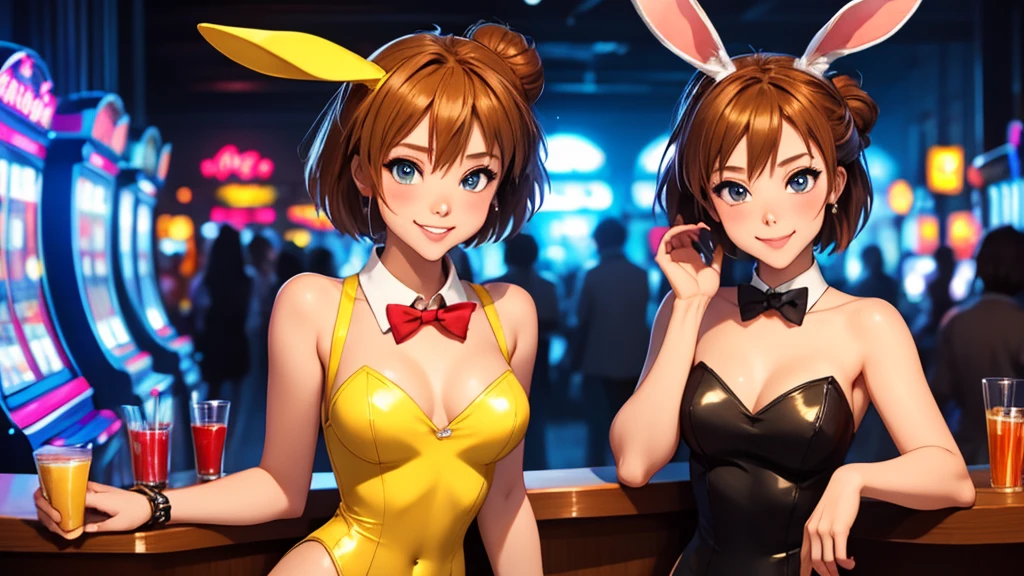 masterpiece, best quality, 1girl, solo, Soryu Asuka Langley, Random pose, looking at viewer, breasts, playful, smiling, mature female, collarbone, janeporter, short hair, hair bun, playboy bunny, detached collar, fake animal ears, rabbit ears, rabbit tail, cyberpunk, neon lights, indoors, casino, yellow leotard, bowtie, depth of field,