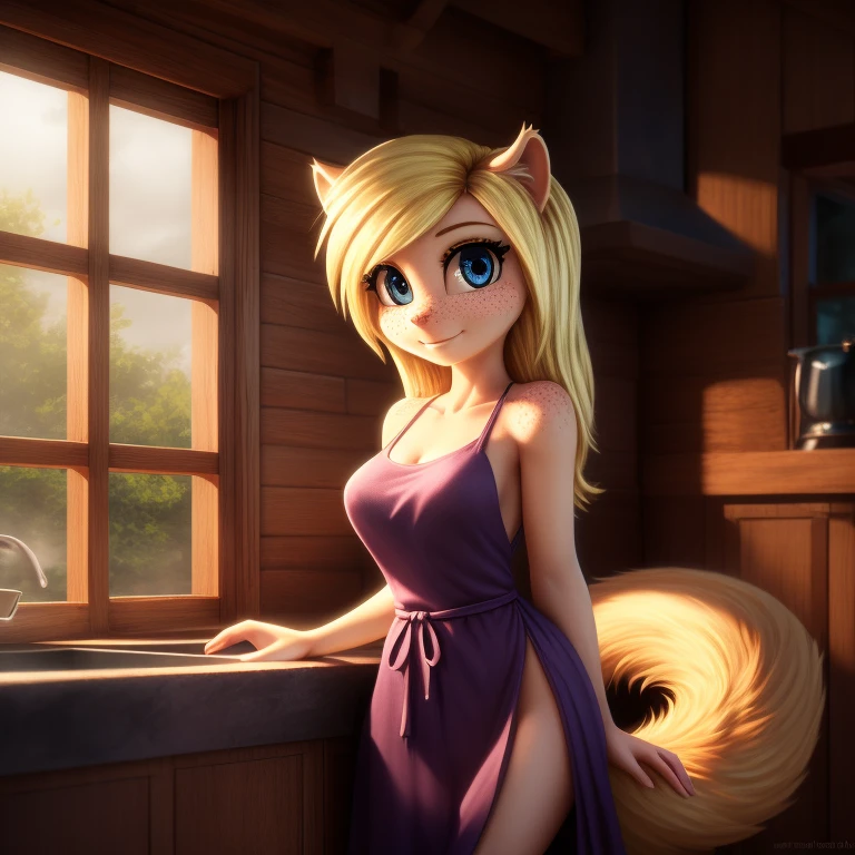 minerva, medium breast,
(detailed blonde hair:1.4), (detailed perfect eyes:1.2), white fur, (detailed fluffy fur:1.2), perfect hourglass body, mink snout, (long fluffy blonde tail:1.3), beautiful black eyes, relaxed pose, looking at viewer,
(freckles:1.2), light smile,
serving coffee,
(masterpiece:1.2), (best quality:1.2), (intricate:1.2), (highly detailed:1.2), (sharp:1.2), (8k:1.2), (highres:1.2),
cinematic summer tropical lighting, vivid colors,
kitchen, wooden cabin,
window, forest, rain,
aliceinwonderlandoutfit