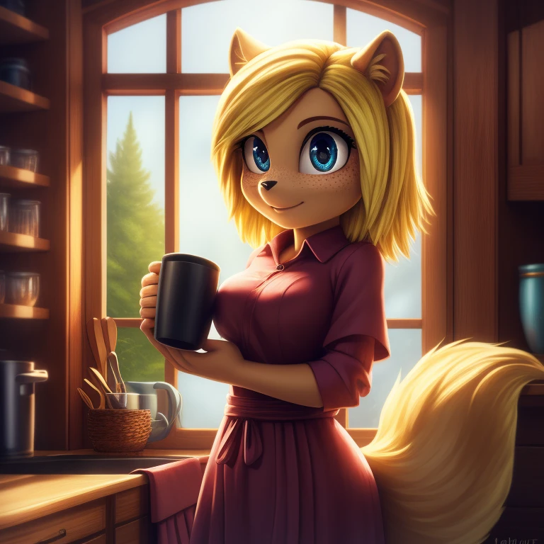 minerva, medium breast,
(detailed blonde hair:1.4), (detailed perfect eyes:1.2), white fur, (detailed fluffy fur:1.2), perfect hourglass body, mink snout, (long fluffy blonde tail:1.3), beautiful black eyes, relaxed pose, looking at viewer,
(freckles:1.2), light smile,
serving coffee,
(masterpiece:1.2), (best quality:1.2), (intricate:1.2), (highly detailed:1.2), (sharp:1.2), (8k:1.2), (highres:1.2),
cinematic summer tropical lighting, vivid colors,
kitchen, wooden cabin,
window, forest, rain,
aliceinwonderlandoutfit