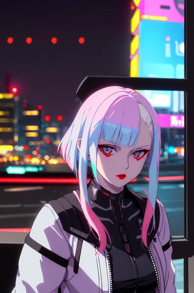 Lucy marchant en ville \(cyberpunk\), je regarde un spectateur, 1fille, chouchou pour cheveux, coupe hime, cheveux argentés, conseils colorés, pleine lune, Aux yeux gris, ((Yeux détaillés)), veste, manches longues, voir le spectateur, cheveux moyens, Cheveux colorés, Frange séparée, Lèvres entrouvertes, Aux cheveux roses, portrait, eye-liner rouge, Rouge à lèvres, seulement, veste blanche, personnage cyber punk\(série\), Nuit pluvieuse dans une ville cyberpunk éclairée au néon,bidimensionnel,cyberpunk edgerunners, fidélité à Lucy de Cyberpunk 2077, ((Fond flou))