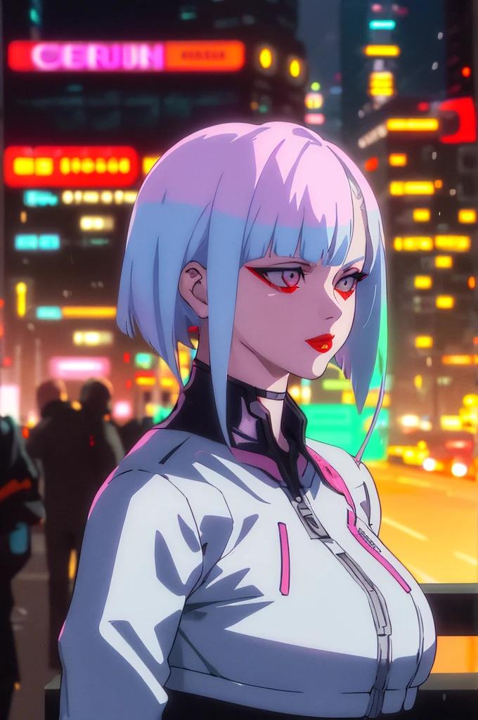 lucy walking in city \(Cyberpunk\), looking a espectator, 1girl, hair scrunchie, hime-cut, Silver hair, colored tips, full moon, With gray eyes, ((olhos detalhados)), Jacket, Long sleeves, view the viewer, Medium hair, Colorful hair, Bangs separated, lips parted, Pink-haired, Portrait, Red eyeliner, Redlip, Solo, White jacket, cyber punk perssonage\(Series\), Rainy night in neon-lit cyberpunk city,Two-dimensional,cyberpunk edgerunners, fidelidade a lucy do cyberpunk 2077, ((bokeh background))