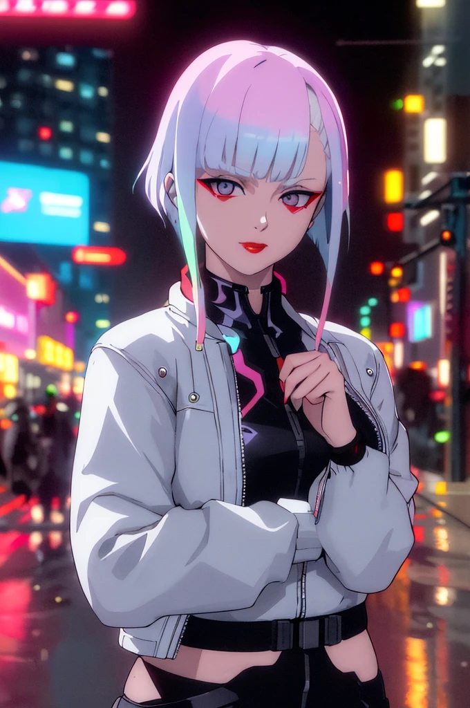 lucy walking in city \(Cyberpunk\), looking a espectator, 1girl, hair scrunchie, hime-cut, Silver hair, colored tips, full moon, With gray eyes, ((olhos detalhados)), Jacket, Long sleeves, view the viewer, Medium hair, Colorful hair, Bangs separated, lips parted, Pink-haired, Portrait, Red eyeliner, Redlip, Solo, White jacket, cyber punk perssonage\(Series\), Rainy night in neon-lit cyberpunk city,Two-dimensional,cyberpunk edgerunners, fidelidade a lucy do cyberpunk 2077, ((bokeh background))