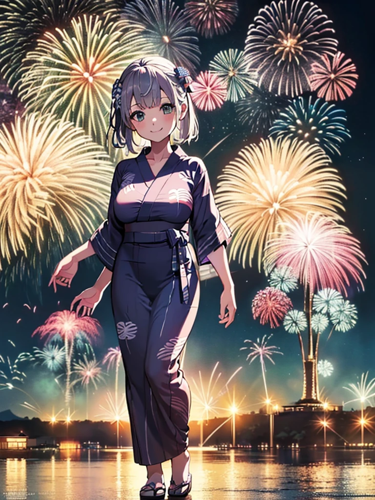 (masterpiece, Highest quality, Super detailed),One girl,((super fine illustration)),((cute eyes,highly detailed skin)),((smile)),((well endowed,Blessed,Captivating body、Detailed Background))、(yukata:1.5),firework,(A lot of fireworks,Night view,Ocean)、Festivals, (full body)