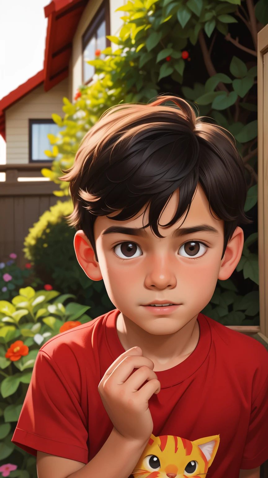 Realistic portrait of a seven year old boy, He wears a red shirt . Your face is and exploratory . He cautiously goes out into the garden of the house,  A small cat is among the bushes and he touches it cautiously ,Not facing the camera,, Hair is messy , 