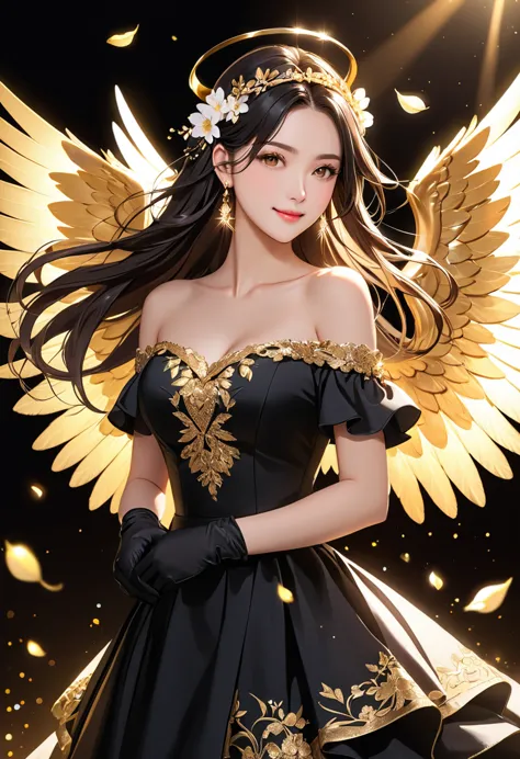 Jobria, Angel Wings, Beautiful woman, (Reality), Backlight, black background, black skirt, black Gloves, Black Hair, Smile, Cowb...