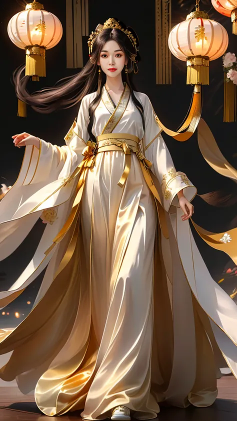 Girl in traditional Chinese clothing, Hanfu, Guzhen Hanfu women, gold Hanfu,(long straight black hair:1.5), black eyes, black bu...