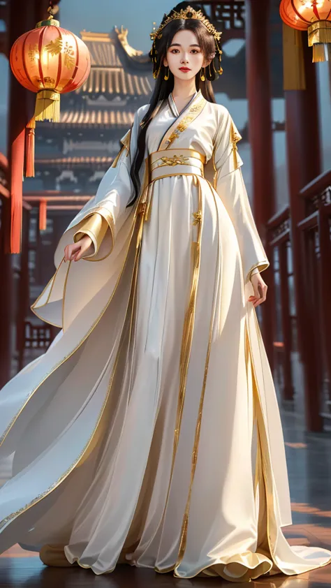 Girl in traditional Chinese clothing, Hanfu, Guzhen Hanfu women, gold Hanfu,(long straight black hair:1.5), black eyes, black bu...