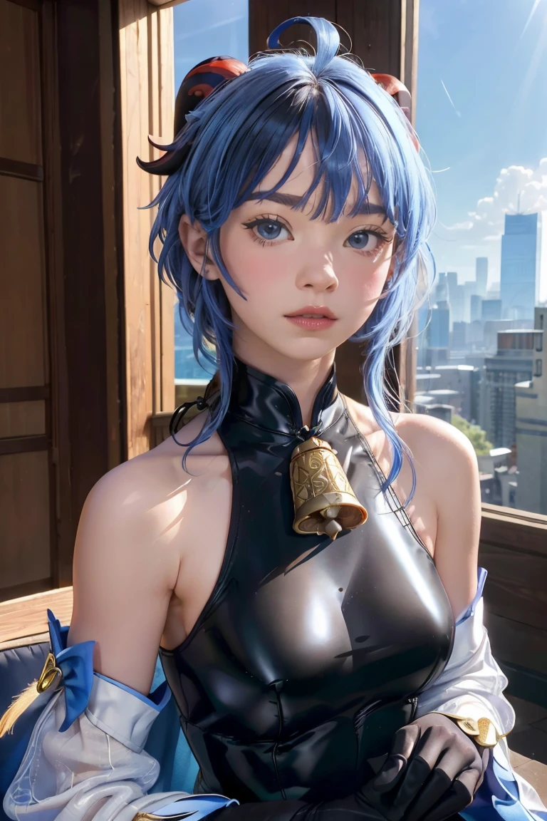 (photorealistic:1.4), (masterpiece, sidelighting, finely detailed beautiful eyes: 1.2), masterpiece*portrait, realistic, 3d face, 
ganyu \(genshin impact\), 1girl, ahoge, architecture, bangs, bare shoulders, bell, black gloves, black pantyhose, (blue hair), blush, breasts, chinese knot, detached sleeves, flower knot, gloves, horns, long hair, looking at viewer, medium breasts, neck bell
 