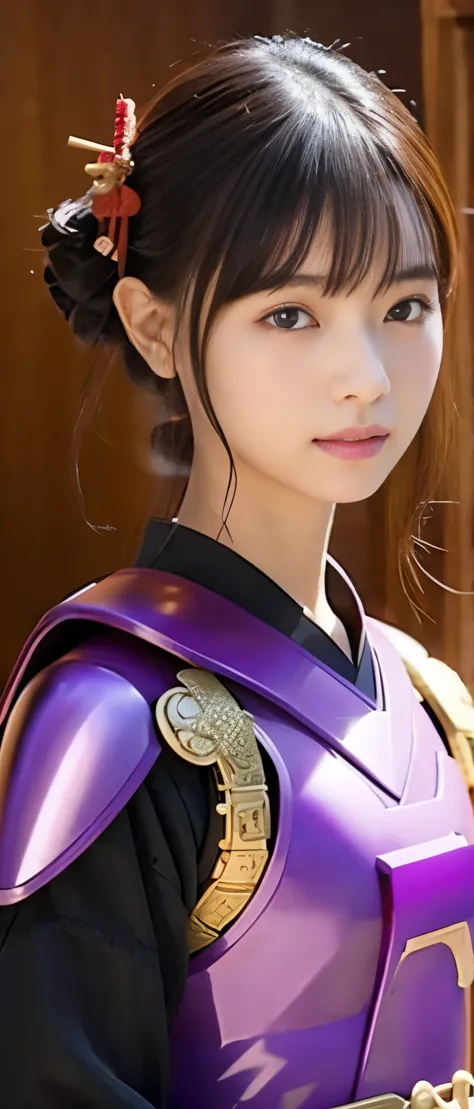 Cute Samurai Girl、whole body、Good style、、、、、、、、Handsome face、、Purple Armor Mini Dress（breastplate）、、Samurai Pose