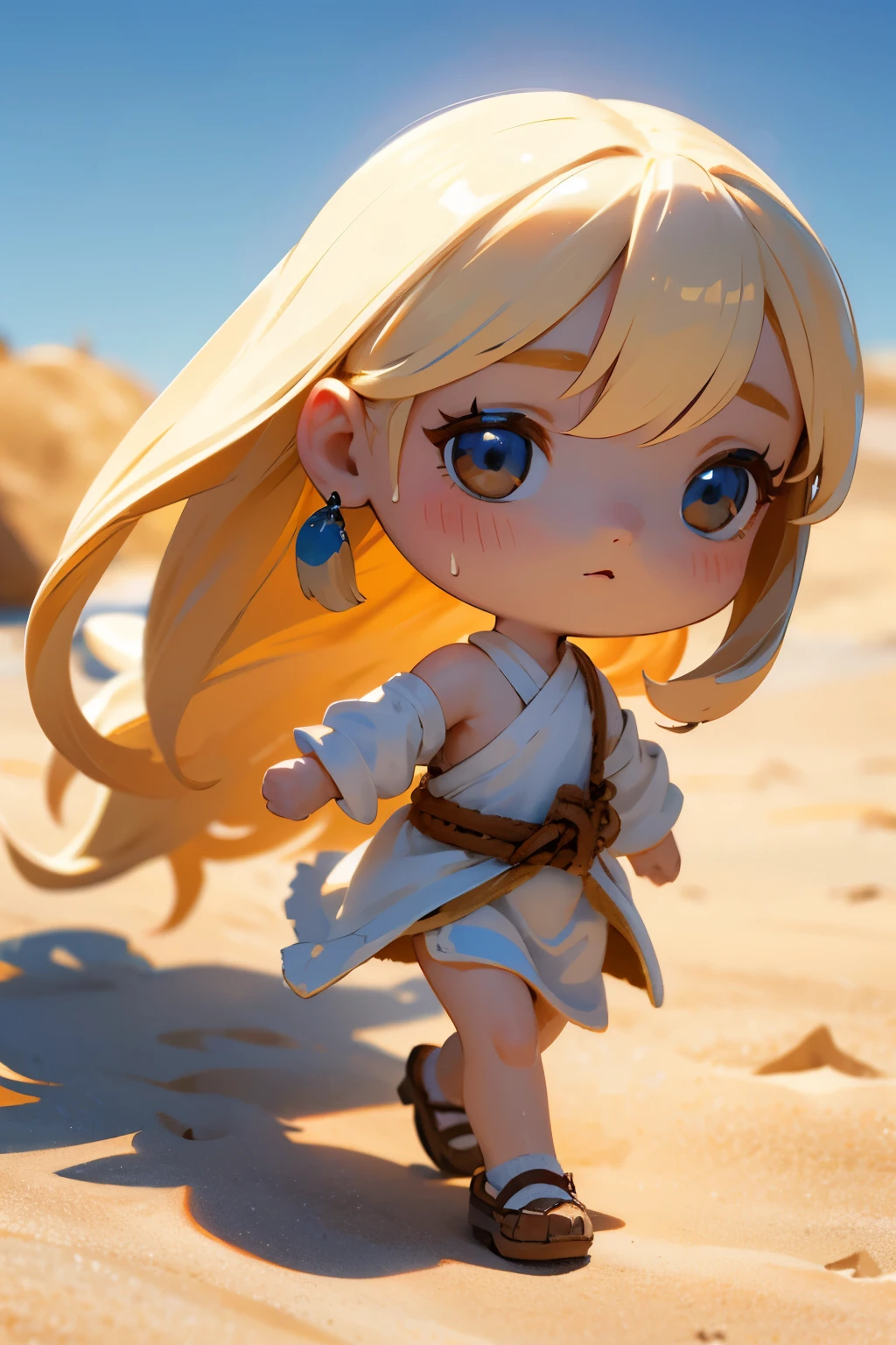 Chibi Girl、Walking through the desert under the scorching sun、Sweat、heat haze、Cute Shoes、whole body、A landscape of nothing but sand、Very detailed、Ultra-realistic、Photorealistic、8K、Hyperrealistic、masterpiece、Beautiful detailed eyes、Beautiful detailed lips、Very detailedな顔、Long eyelashes、Beautiful young girl、Beautiful lighting、Cinematic、Intricate details、Soft Focus、Depth of written boundary