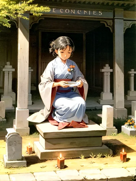 Woman making offerings at a grave