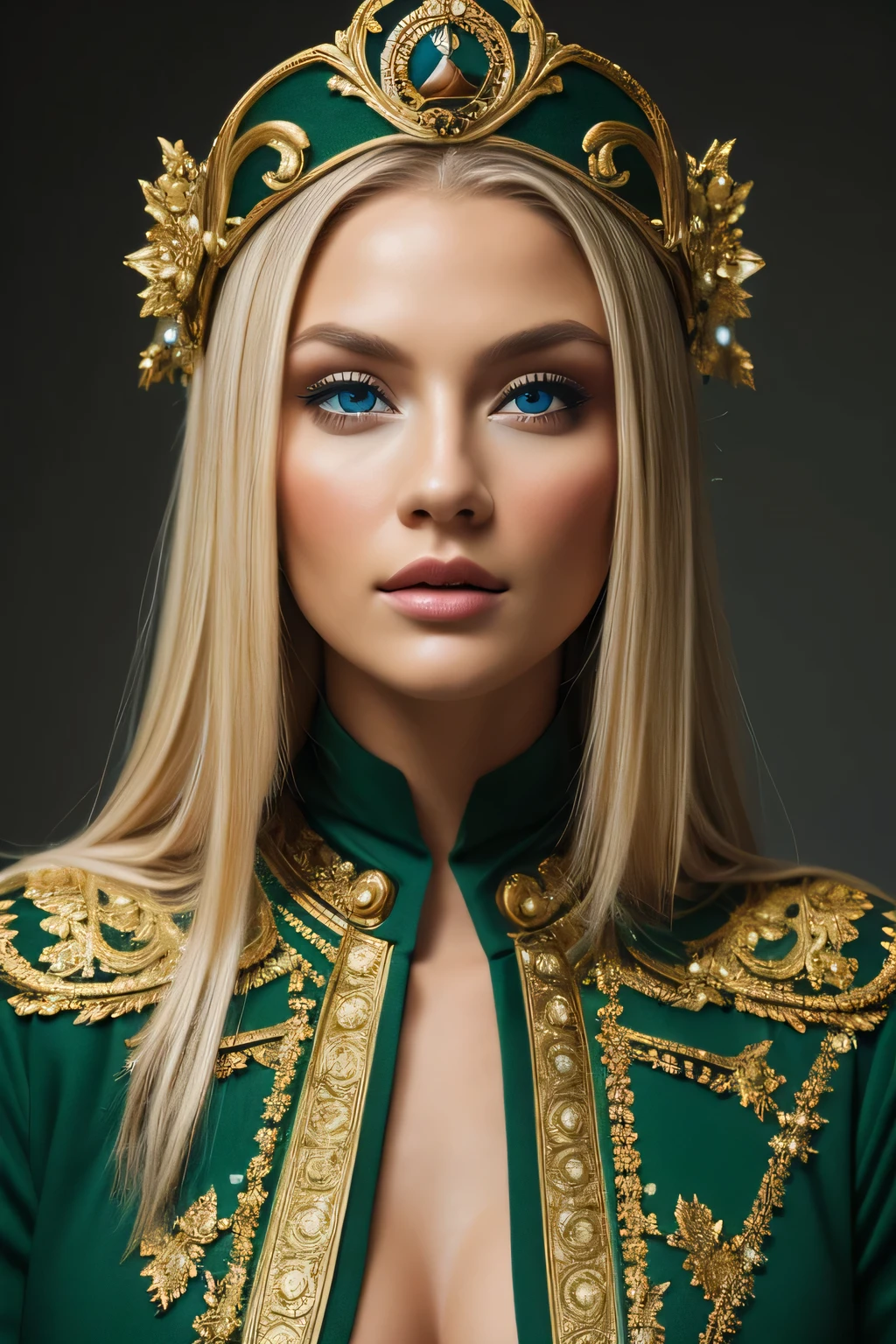 a beautiful empress portrait, blonde hair, perfect blue eyes, with a brilliant, impossible striking big Christmas headpiece, clothes Santa robes, everything Christmas, snow, symmetrical, dramatic studio lighting, rococo, baroque, greens, asian, hyperrealism, closeup, D&D, fantasy, intricate, elegant, highly detailed, digital painting, artstation, octane render, 8k, concept art, matte, sharp focus